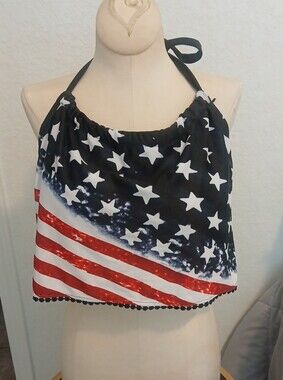 Patriotic Star & Stripe Halter Swim Crop Top - Black, White & Red